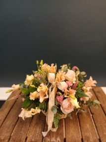Summer Basket of Peach and Pink Blooms